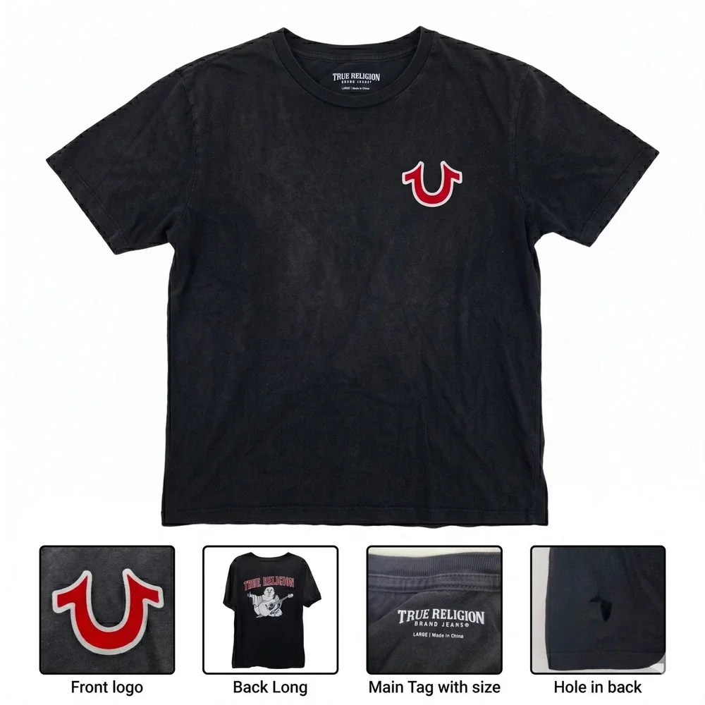 True Religion Mens L T-Shirt Black Red Horseshoe Logo Buddha Guitar Graphic Flaw